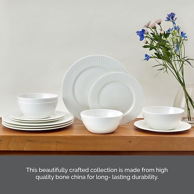 Mikasa Levi Bone China Lightweight Chip Resistant 12 Piece Dinnerware Set Service for 4