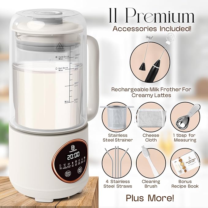 New 8-in-1 Nut Milk Maker 50 oz– Almond Soy Oat Coconut Milk Dairy-Free Milk Plant-Based Milk Smoothie with 12 blades- Features Delay Start Self-Cleaning &amp Milk Frother- Recipe Book &amp M
