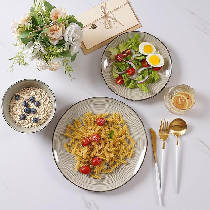 famiware Tempus Plates and Bowls Sets for 8 24 Pieces Stoneware Dinnerware Sets Dishes Set Reactive Glaze Dishware Sets Dishwasher &amp Microwave Safe - Castle Wall