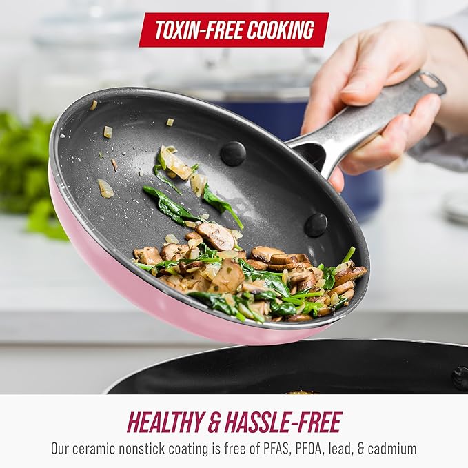 Blue Diamond 12 Nonstick Frying Pan with Lid Diamond Infused PFAS &amp PTFE-Free Ceramic Skillet Dishwasher &amp Oven Safe Stay Cool Handle Durable Non Toxic Metal Utensil Safe Glass Lid Pink