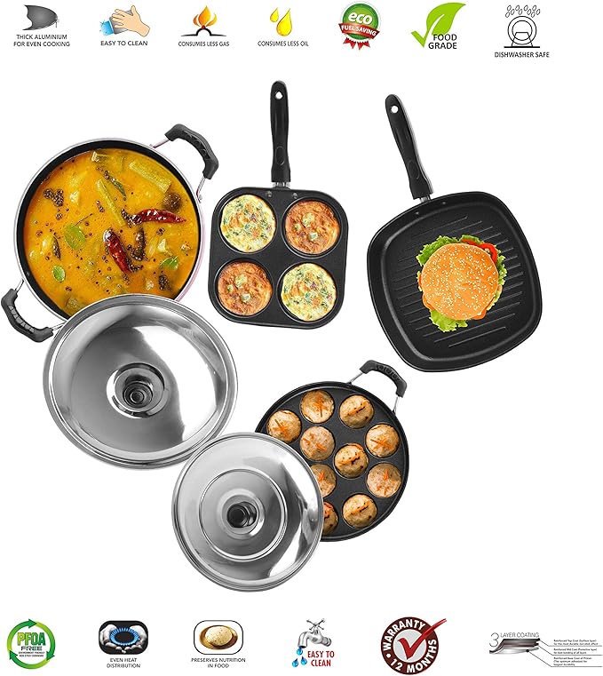 Sumeet 2.6mm Thick Non-Stick Hiri Cookware set (Mini Multi Snack Maker – 19.5cm + Kadhai With Lid – 220cm Dia + Grill Appam Patra with Lid – 23cm Dia + Grill Pan – 1.1Ltr Capacity-22cm-Dia
