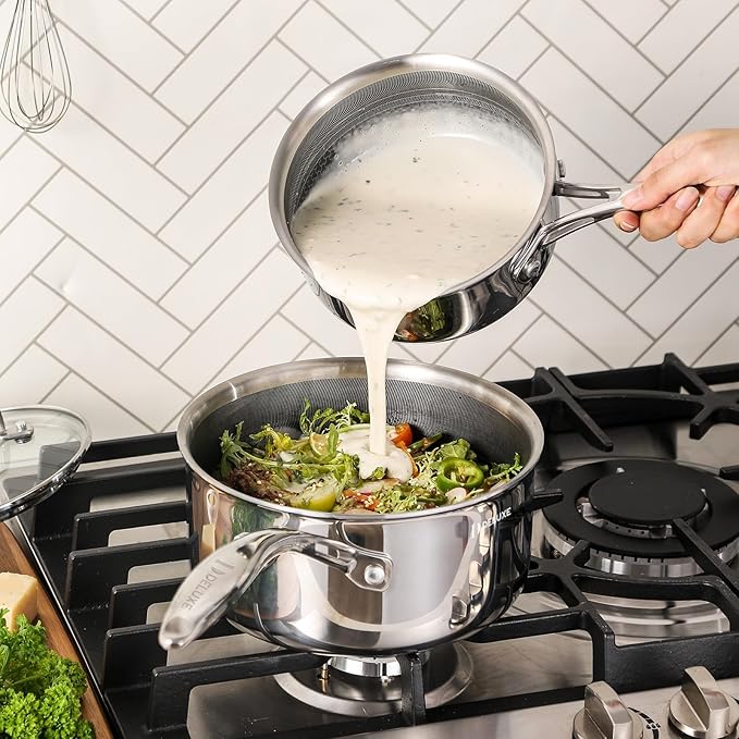 DELUXE Hybrid Ceramic Nonstick 6 PCS Pot Set 1.3 3&amp5.4-Quart Pot with Tempered Glass Lid Stainless Steel Cookware Pots with Stay-Cool Handle Dishwasher Safe Compatible with All Cooktops