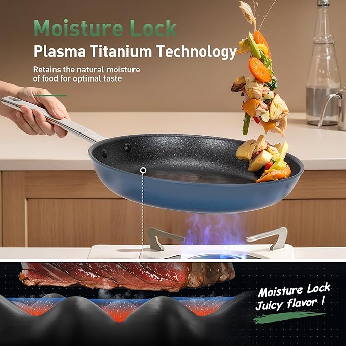 Kitchen Academy Plasma Titanium Ceramic Nonstick Cookware Set - 6 Piece Induction Pots and Pans Set Non Stick Blue Healthy Non Toxic Cooking Ware Set with Scratch Defense Technology PFOA&ampPFOS Fr