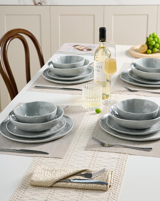 Famiware Porcelain kitchen plates and bowls set Modern dishes set for 6 Handmade Wave Edge Dinnerware Sets Microwave and Dishwasher Safe Tableware Sleek Grey (24pc)