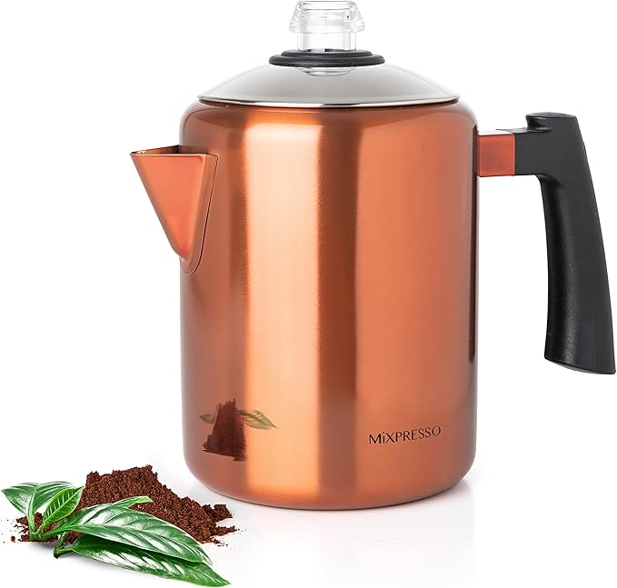 Mixpresso Copper Stainless Steel Coffee Percolator Stovetop 37oz Classic Percolator Coffee Pot Great For Camping Pot 5-8 Cup Stove Top Espresso Maker Cool-Touch Handle