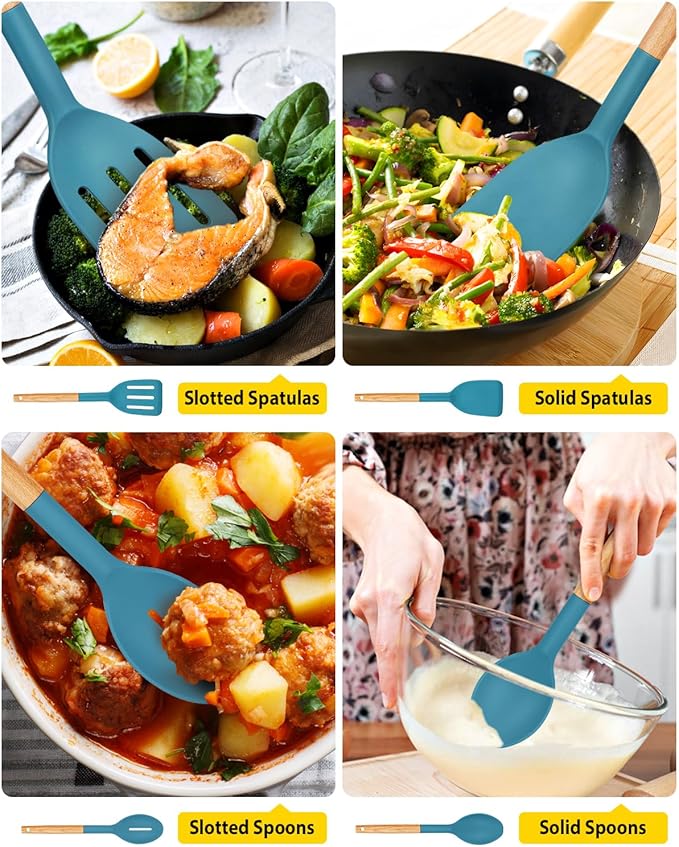 Pack of 4 Silicone Cooking Utensils Set Non Stick Solid Spatulas and Heat Resistant Slotted Spoons with Wooden Handle Ideal Wood Kitchen Utensils Set for FryingServingTurningStirring (BLUE)