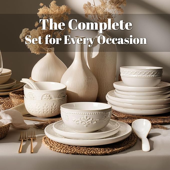 Artena Plates And Bowls Sets 16 Pieces Dinnerware Sets Dish Set For 4 Ceramic Kitchen Bowl And Plate Set Embossed White Dishware Sets Dishwasher &amp Microwave Safe (Wheat Leaf)