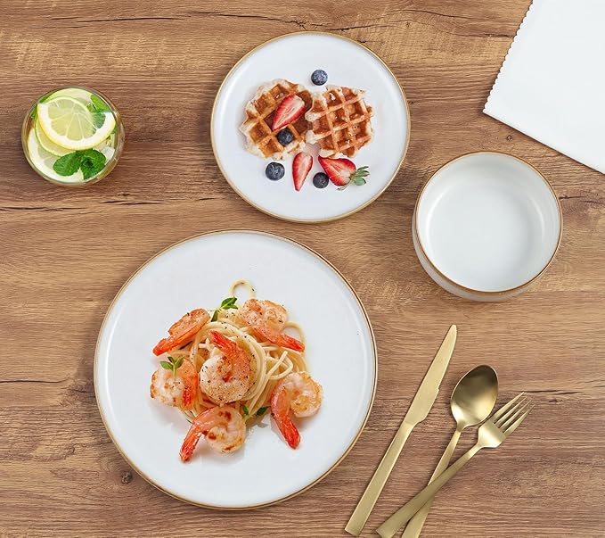 E-far Dinnerware Sets for 4 16-Piece Stoneware Plates and Bowls Set Reactive Glaze Dishes Dinning Ware Set Chip &amp Scratch Resistant Microwave &amp Dishwasher Safe - Seashell White