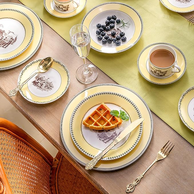 European court retro style Dinnerware Set Service for 6Afternoon tea Bone China Dinnerware SetsSteak Dinner Plates Dish Set (24Pcs)Freezer Safe Elegant Dining Plates VMKL