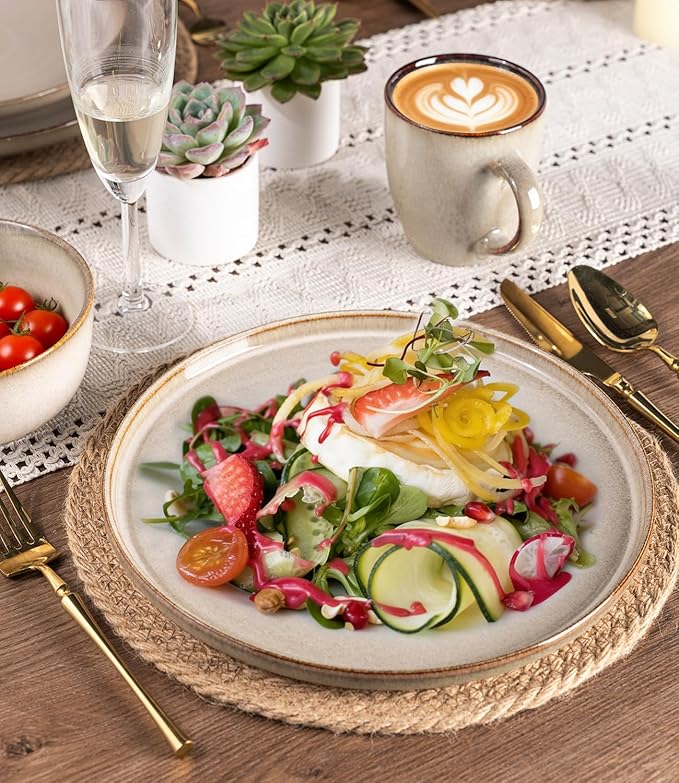 GBHOME Dinnerware Sets for 4 12 Pieces Stoneware Plates and Bowls Sets Scratch Resistant Ceramic Dishes Dishwasher &amp Microwave Safe Reactive Glaze-Almond Cream