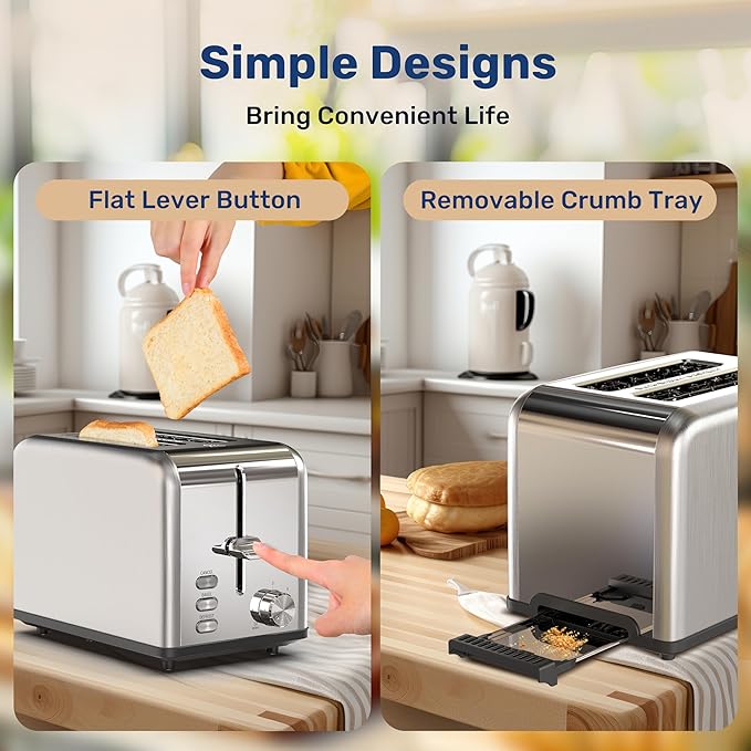 YSSOA Stainless Steel Toaster 2 Slice with Extra Wide Slot &amp Removable Crumb Tray 6 Shade Settings and Bagel/Defrost/Cancel Functions Compact Oven for Various Bread &amp Waffle Silver New