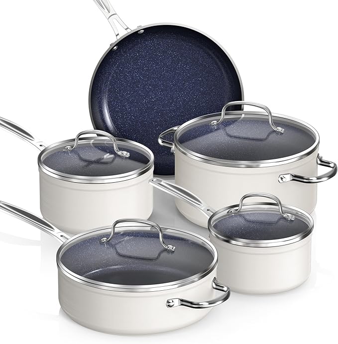 Nuwave Healthy Duralon Blue Ceramic Nonstick Coated 9pc Cookware Set Scratch-Resistant Diamond Infused PFAS Free Induction Ready &amp Evenly Heats Oven Safe Tempered Glass Lids