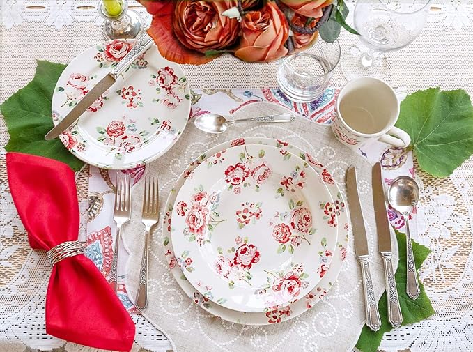 Tudor 16-Piece Premium Quality Round Porcelain Dinnerware Set Service for 4 - FRAGRANCE ROSE See 10 Designs INSIDE!