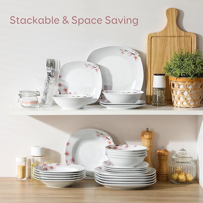 VEWEET Series Annie 48-Piece Ivory White Ceramic Porcelain Dinnerware Set with Pink Floral Pattern - Service for 12