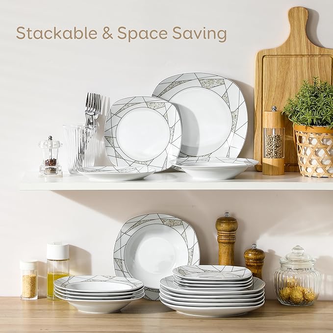 VEWEET 'Serena' 18-Piece Dinner Set - Ivory White Irregular Patterns Porcelain Plates: Set of 6 (7.5 Dessert 8.5 Soup 9.75 Dinner)