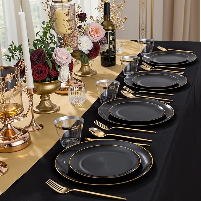 bUCLA 150PCS Black and Gold Plastic Plates - Black Gold Plastic Dinnerware Set Disposable - Include 25 Dinner / 25 Dessert Plates 25 Knives 25 Forks 25 Spoons 25 Cups Ideal for Party &amp Birthd