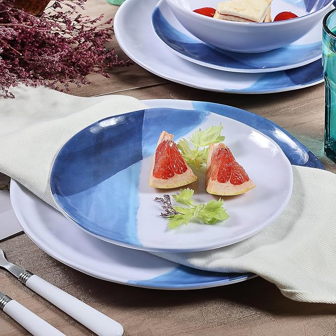 Webbylee Melamine Dinnerware Set for 4-12pcs Melamine Plates and Bowls Set for Indoor/Outdoor Use Scratch-Resistant Dish SetLightweight&ampDishwasher Safe Blue Dinnerware