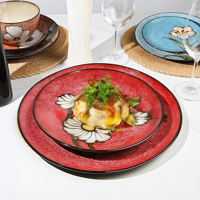 Plates and Bowls Sets12 Pieces Kiln Changed Glaze Ceramic Dinnerware SetDishes Set for 4Highly Chip and Crack Resistant Modern Plate SetDishwasher &amp Microwave Safe (4 colors)