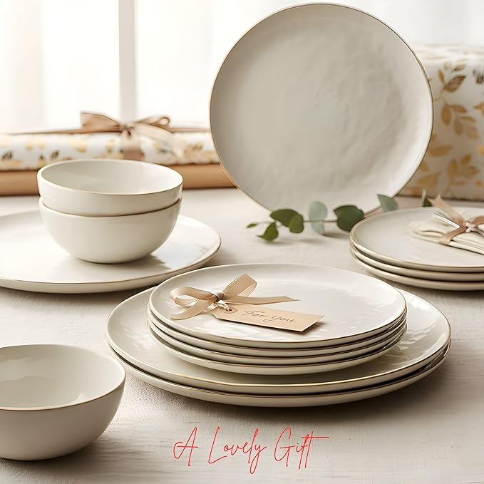 Sango 12-Piece Lightweight Porcelain Dinnerware Set for 4 Glossy Vanilla White Plates and Bowls Sets Gold Rims Farmhouse Ceramic Dish Set Rustic Dishes Microwave and Dishwasher Safe Gansevoort