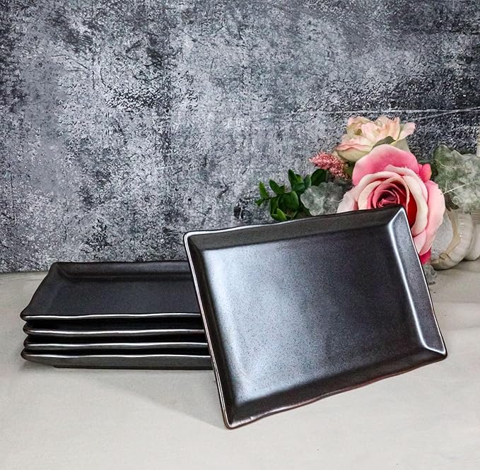 Ebros Gift Iron Black Clay Underglaze Technique Tetsu Kesho Porcelain Collection Dinnerware Serveware Kitchen Set Asian Japanese Restaurant Supply (Pack Of 5 Rectangular Sushi Plates 7.75 L)