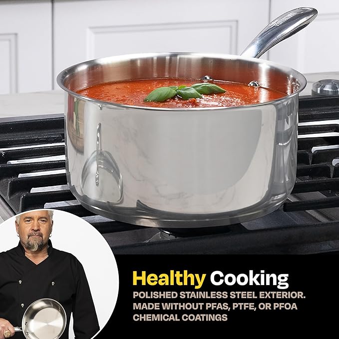 Guy Fieri's Flavortown 3.2-Quart Stainless Steel Sauce Pan with Tempered Glass Lid - Kitchen Cookware with Tri-Ply Base Oven Safe to 500°F Dishwasher Friendly Works with Gas &amp Induction Cooktop