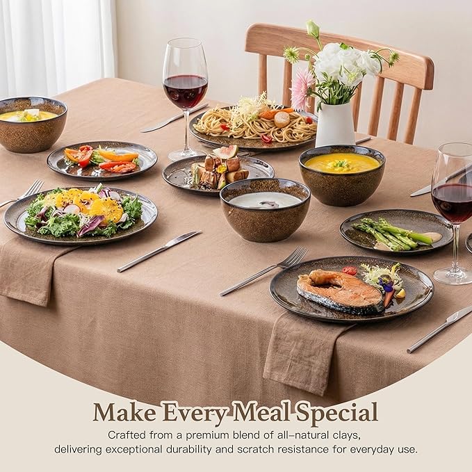 Plates and Bowls Sets 12 Pieces Dark Blue Dinnerware Sets for Kitchen Reactive Glaze Dishes Set for 4 Dishwasher and Microwave Safe Series Starflecked Shore(Brown)