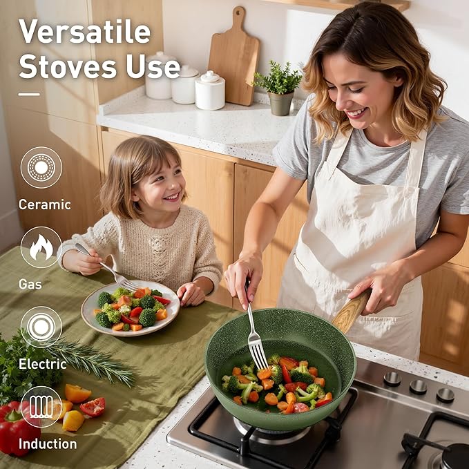 DishDelight Induction Pots and Pans Set Non Stick 12 Piece Nonstick Induction Granite Kitchen Cookware Sets Induction Cookware Nonstick Granite Cooking Set PFOA&ampPFOS Free Green