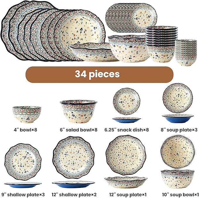 Dinnerware Sets - Luxury Gift Dishes Service Set Ceramics Dinnerware Set Bohemian Style Porcelain Dinner Sets of 34 | Folk-Custom Cereal Bowl and Steak Plate Set for Wedding Gift(C)