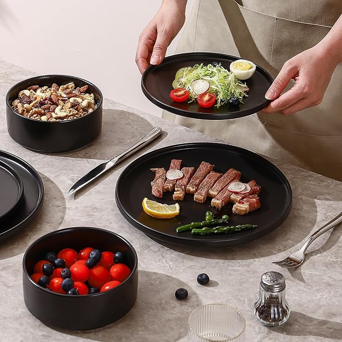 GZG Classic Series - Plates and Bowls Set for 4 12 Piece Stoneware Dinnerware Sets Microwave and Dishwasher Safe Lead-Free Handcrafted Ceramic Dishes Set - Matte Black
