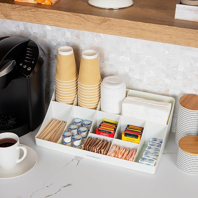 Mind Reader Cup and Condiment Station Countertop Organizer Coffee Bar Kitchen Stirrers 17.875L x 9.5W x 6.625H White