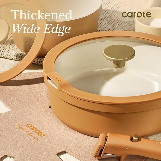 Carote 20pcs Ceramic Cookware Set with Detachable Handles Pots and Pans Set Non Stick RV Kitchen Cooking Pot and Pan Dishwasher Safe Non-toxic Induction Cookware PFAS and PFOA FreeOrange