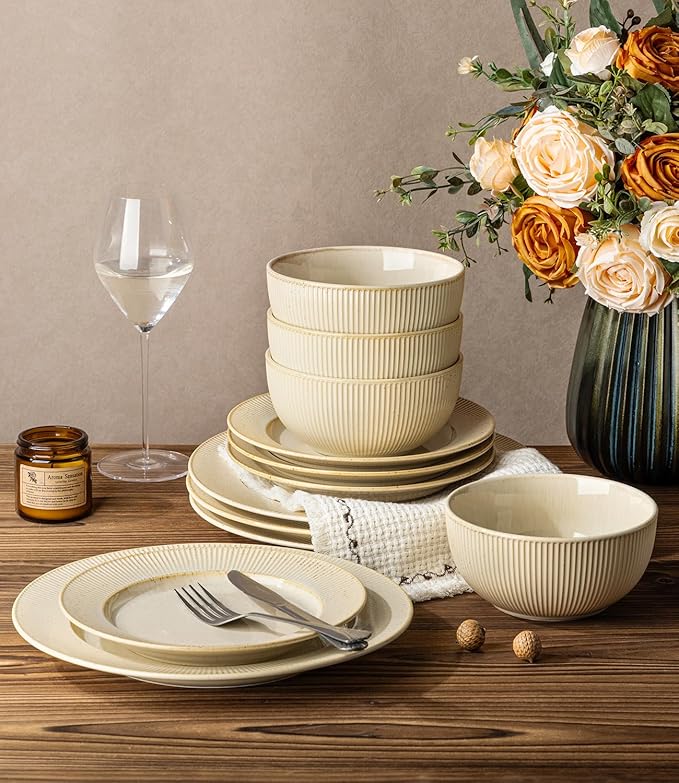 TheTerra Stoneware Dinnerware Sets for 4 12 Pieces Ceramic Plates and Bowls Sets Scratch Resistant Embossed Dish Set Oven Microwave &amp Dishwasher Safe Cappuccino
