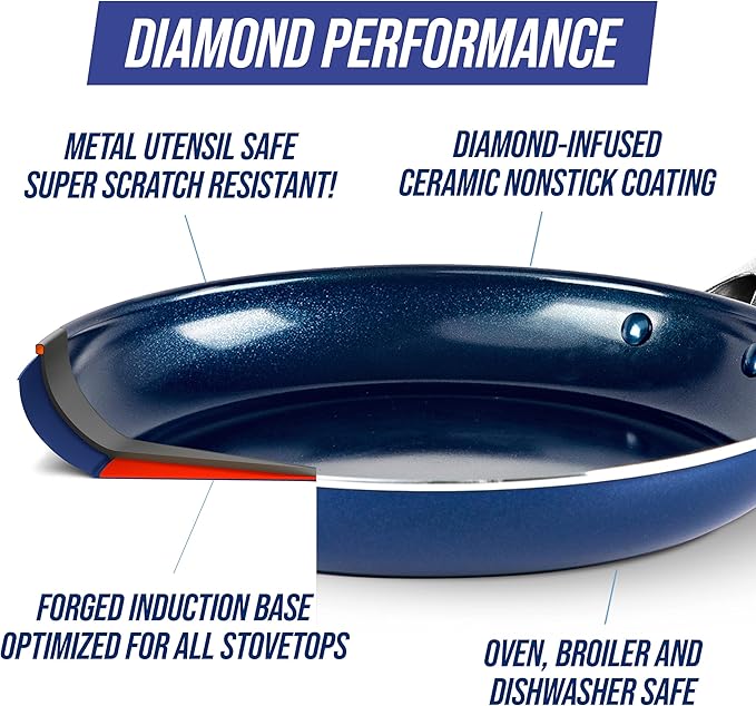 Blue Diamond Cookware Diamond Infused Ceramic Nonstick 7 Piece Cookware Pots and Pans Set PFAS-Free Dishwasher Safe Oven Safe