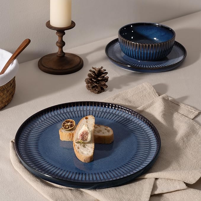 Famiware Starlight Plates and Bowls Dishes Set of 6 (18 Pieces) Ribbed Textured Stoneware Dinnerware Sets- Dishwasher &amp Microwave Safe Chip &amp Scratch Resistant Starry Blue