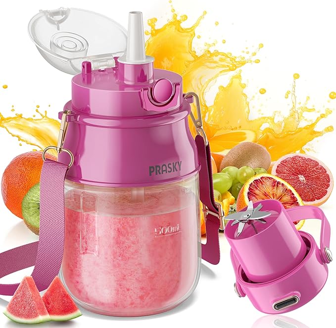 Portable Blender Prasky Personal Blenders for Shakes and Smoothies with 31oz Cup Lid and Shoulder Strap Type-C USB Rechargeable Personal Size Blenders BPA-free for Travel/Kitchen(Rose Red)