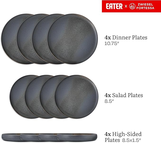 Eater x Zwiesel Fortessa Foss Stoneware 12 Piece Dinnerware Set (Service for 4) Volcanic Gray