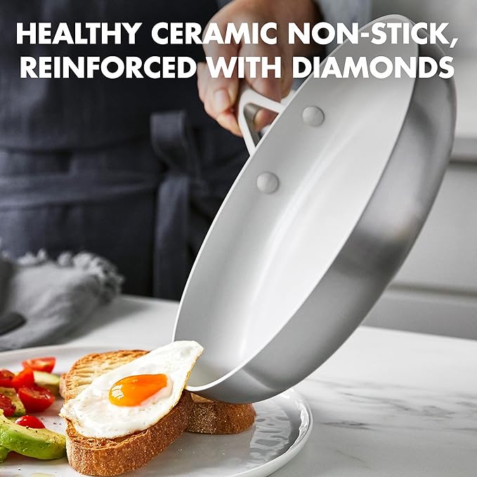 GreenPan Venice Pro 10 Piece Cookware Set Stainless Steel Non-Toxic PFAS-Free with Ceramic Nonstick Coating Induction Suitable Glass Lids Multi Clad Dishwasher &amp Oven Safe Silver