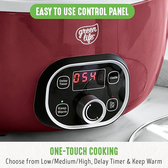 GreenLife Soft Grip 16 Piece Healthy Ceramic Nonstick Cookware Set Pots and Pans Set 6-Quart Slow Cooker PFAS &amp PFOA-Free Dishwasher Safe Oven Safe Versatile Kitchen Essentials Red