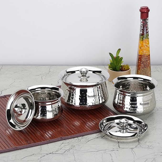 Sumeet Stainless Steel Handcrafted Hammered Texture Handi Set with Lid for Kitchen Set of 3 460ml 650ml &amp 950ml Silver