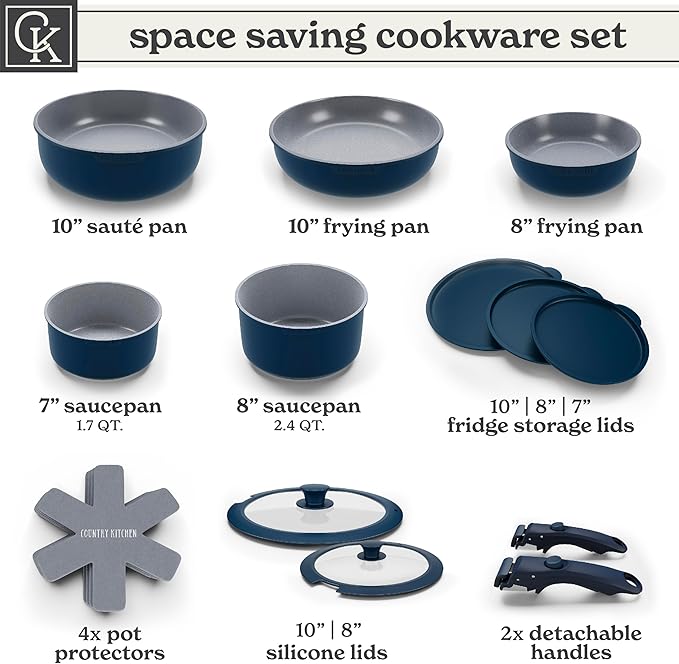 Country Kitchen Cookware Set with Removable Handle Oven &amp RV Safe Pots and Pans Set Denim Original