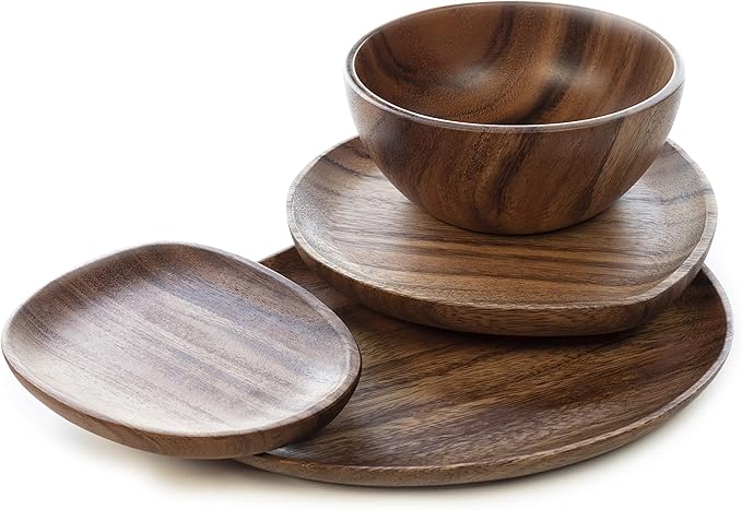 Foree Wooden Dinnerware Set – 4-Piece Acacia Wood Tableware | Large Medium Small Plates &amp Salad Bowl | Handcrafted Solid Wood Serving Set