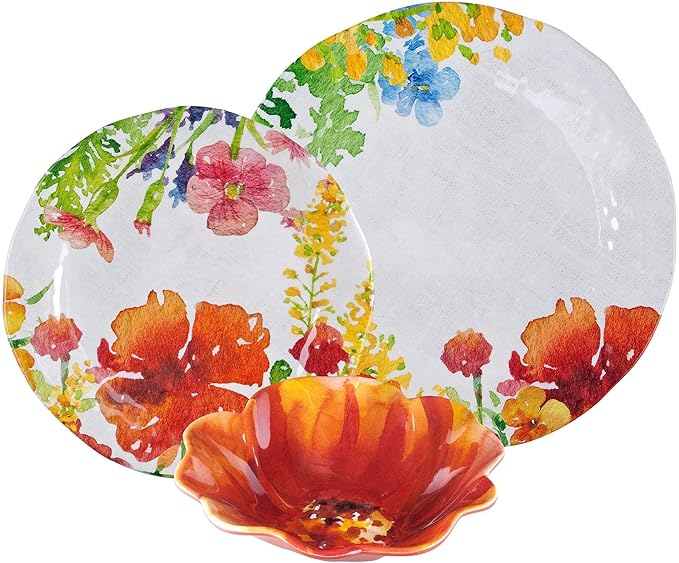 UPware 12 Piece Floral Melamine Dinnerware Sets Outdoor Dishes Set Plates and Bowls Sets Service for 4 Multicolor