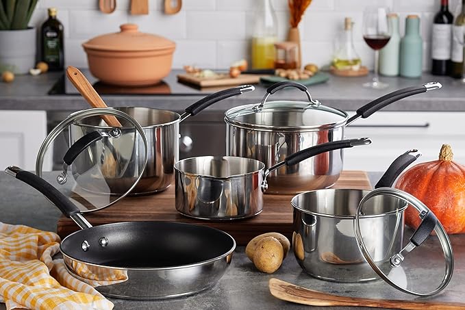 Meyer Induction Milkpan Saucepans and Frypan Set of 5-10 Year Guarantee 50.5 x 33 x 24.5 cm Silver
