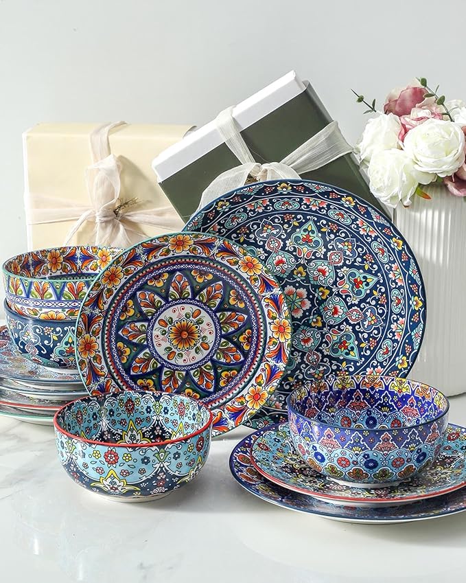glowworm Bohemian Dinnerware Sets Ceramic Dishes Set for 4 12 Pieces Plates and Bowls Set Oven Microwave &amp Dishwasher Safe Scratch Resistant