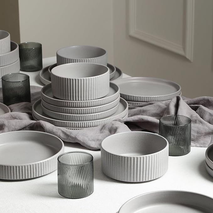 Stone Lain Haven Stoneware 16-Piece Dinnerware Set Plates and Bowls Sets for 4 Grey Dish Set Includes Dinner and Salad Plates Cereal Bowls Glassware Microwave &amp Dishwasher Safe