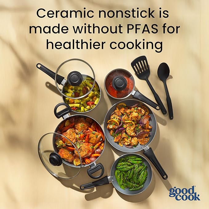 GoodCook Everyday Ceramic Nonstick Cookware Set Includes 8 &amp 10-Inch Fry Pans 1 &amp 2-Quart Covered Sauce Pans 4.7-Quart Covered Dutch Oven Turner and Basting Spoon 10-Piece Black