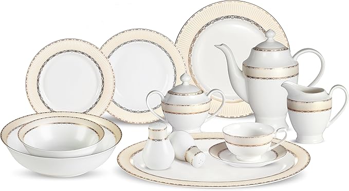 Lorenzo 57 Piece Elegant Bone China Service for 8 Margaret Dinnerware Sets Gold
