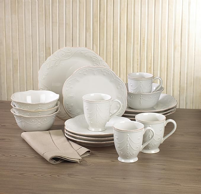 Lenox Dinnerware Set French Perle White 16-Piece Set Service For 4 Stoneware Material Dishwasher Safe Microwave Safe Plates Bowls Mugs Plates and Bowls Dishes (White 16 Piece)