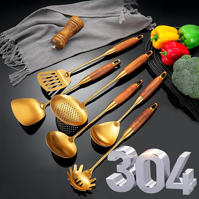 Gold Kitchen Utensils Set with Wooden Handle 6 PCS Professional Stainless Steel Cooking Utensils Set Wok Spatula Ladle Skimmer Slotted Spatula Turner Spaghetti Spoon Large Spoon