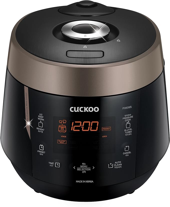 CUCKOO High Pressure Rice Cooker 6-Cup Uncooked / 12-Cup Cooked with Nonstick Inner Pot Versatile Rice Maker with 12 Menu Options and Steam Plate Fuzzy Logic Tech Voice Guide Black (CRP-P0609S)